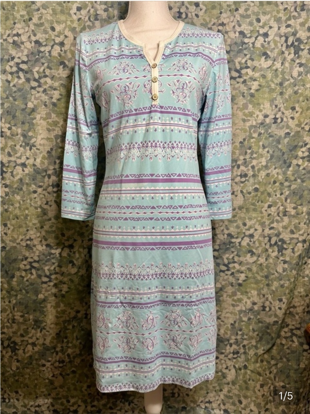 J. McLaughlin Aqua Lavender Printed Knit Dress 3/4 Sleeve Stretch Size S